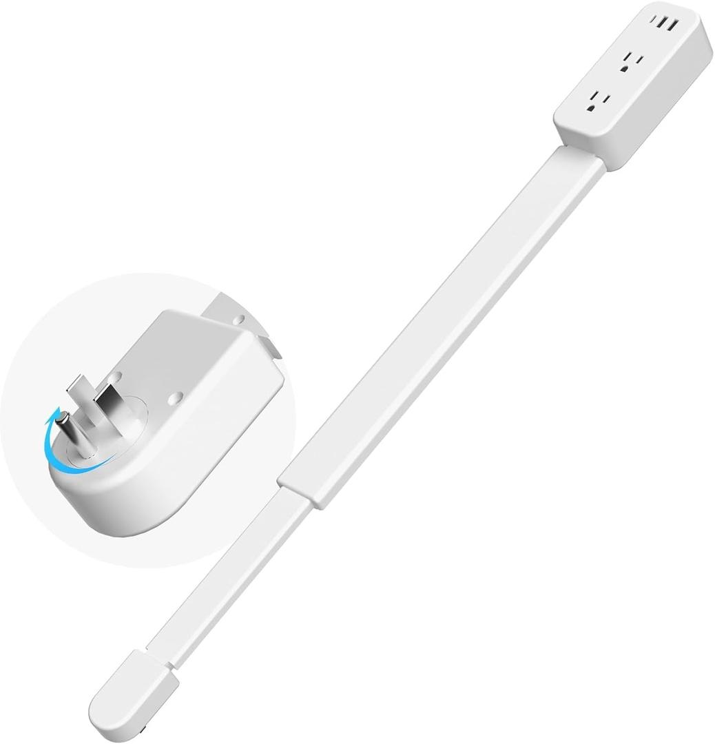 Electrical Outlet Extender Long Stick with 180 Swivel | Extends 23-35 in for Hard-to-Reach Places | 2 AC Outlets + 3 Ports (USB-C/USB-A) for Bed, Dorm, Office & Sofa (White)