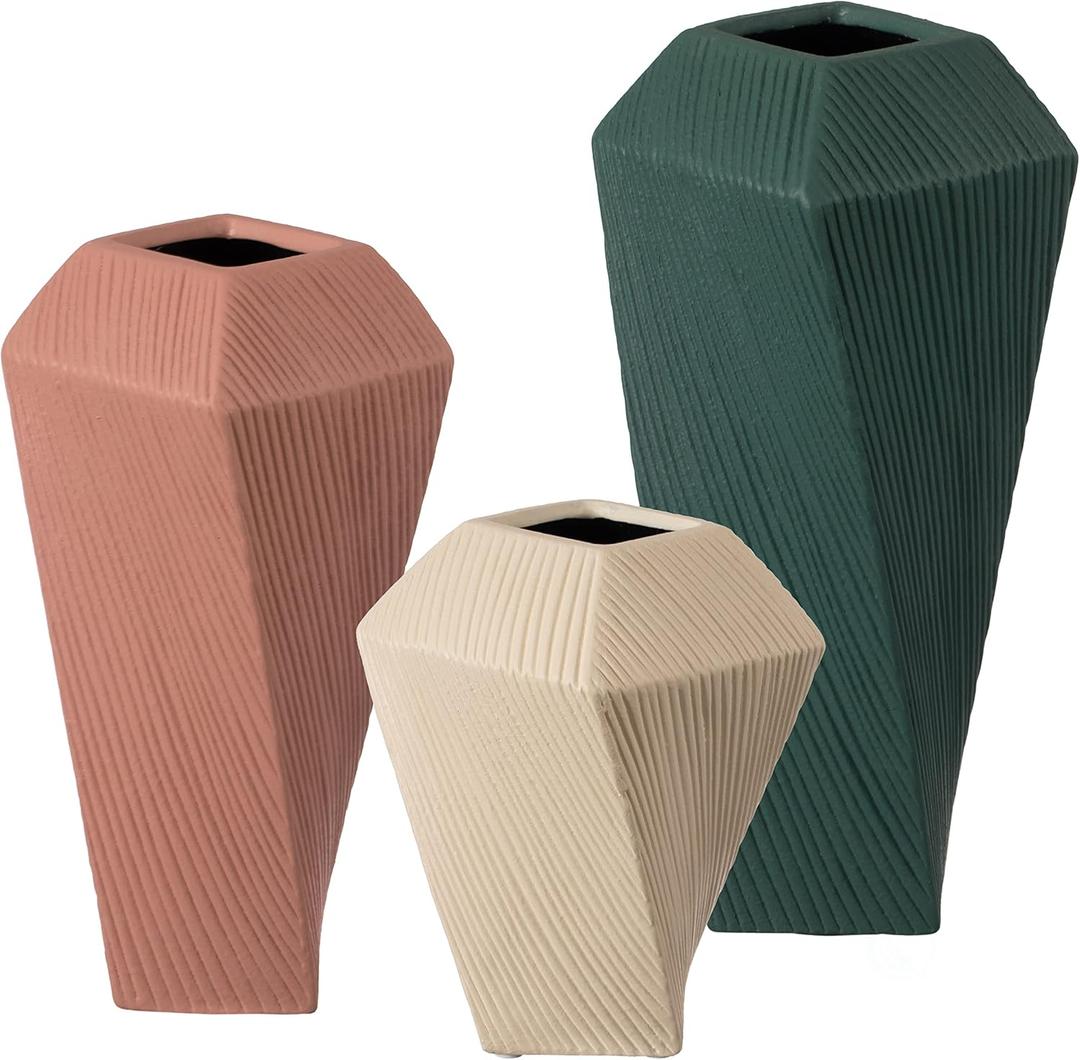 Decorative Ceramic Square Twisted Centerpiece Table Vase Set of 3, Green Large, Pink Medium, and Beige Small