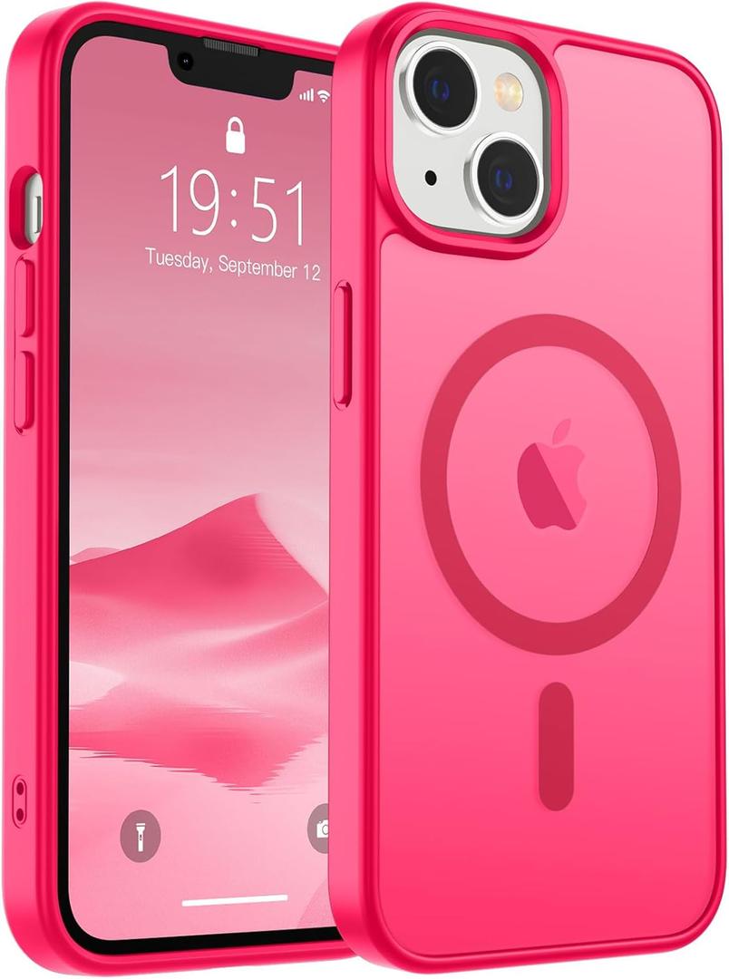 SUPFINE Magnetic for iPhone 14 Case & iPhone 13 Case (Compatible with MagSafe) (Military Grade Drop Protection) Slim Translucent Matte Shockproof Phone Cover, Hot Pink
