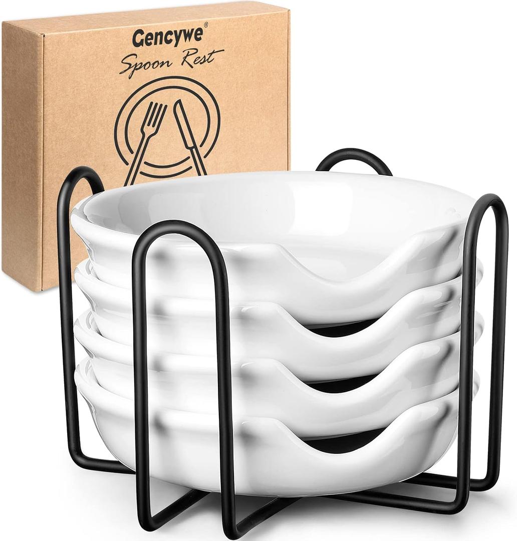 4 Pack Ceramic Spoon Rest with Metal Holder, Gencywe 4.8 inch Spoon Holder for Kitchen, for Stove Top, Coffee Spoons, Ladles, Tong, Cooking Utensil Rest, Housewarming Gifts