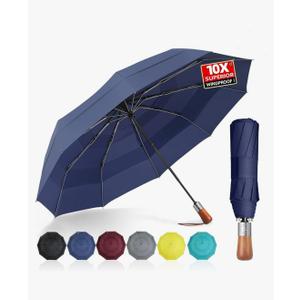 Umbrellas for Rain, Heavy-Duty Windproof 47" Travel Umbrella, 3-Layer Vented Canopy, 10 Fiberglass Ribs, Auto Open/Close, Large Coverage for 1–2 People, Wooden Handle, Recycled Fabric, Gift for Men & Women, Lifetime Replacement