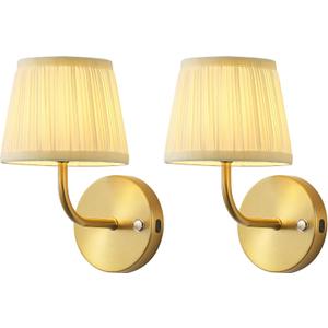 PUSU LED Cordless Gold H9.6 inch Small Wall Sconces Set of 2, Rechargeable 5200mAh Battery Operated Fabric Wall Lamp with Remote, Lighting for Living Room, Bedroom, Hallway, Bathroom, Stairs, Kitchen