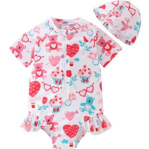 AIWUHE Toddler Girls One Piece Swimsuit Ruffle Rash Guard Zipper Bathing Suit Short Sleeve Swimwear with Hat UPF 50+ (2-3T, White Bear)