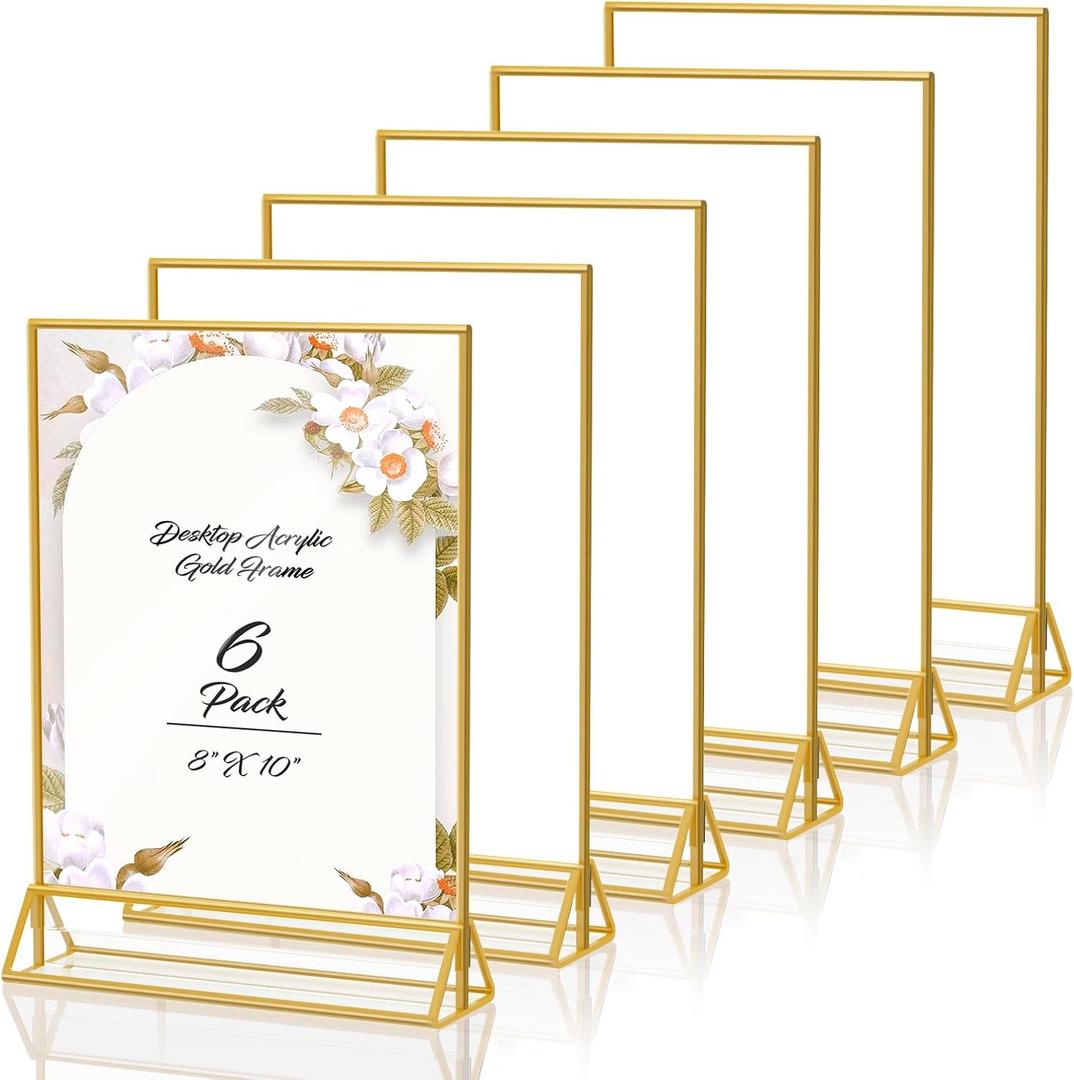 8X10 Gold Frames Double Sided Acrylic Sign Holder Tabletop Picture Frames Vertical Display Stand for Photos Wedding School Home,Set of 6
