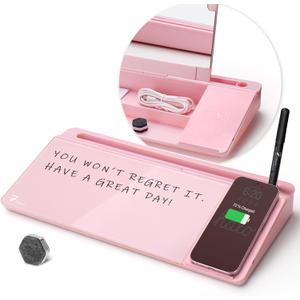 TOWON Desktop Glass Whiteboard with Charger Pad, Small Desk Whiteboard - Glass Dry Erase White Board- Desk Computer Buddy with Storage, Mirror and Charging Station, Pink, 17 x 6 in