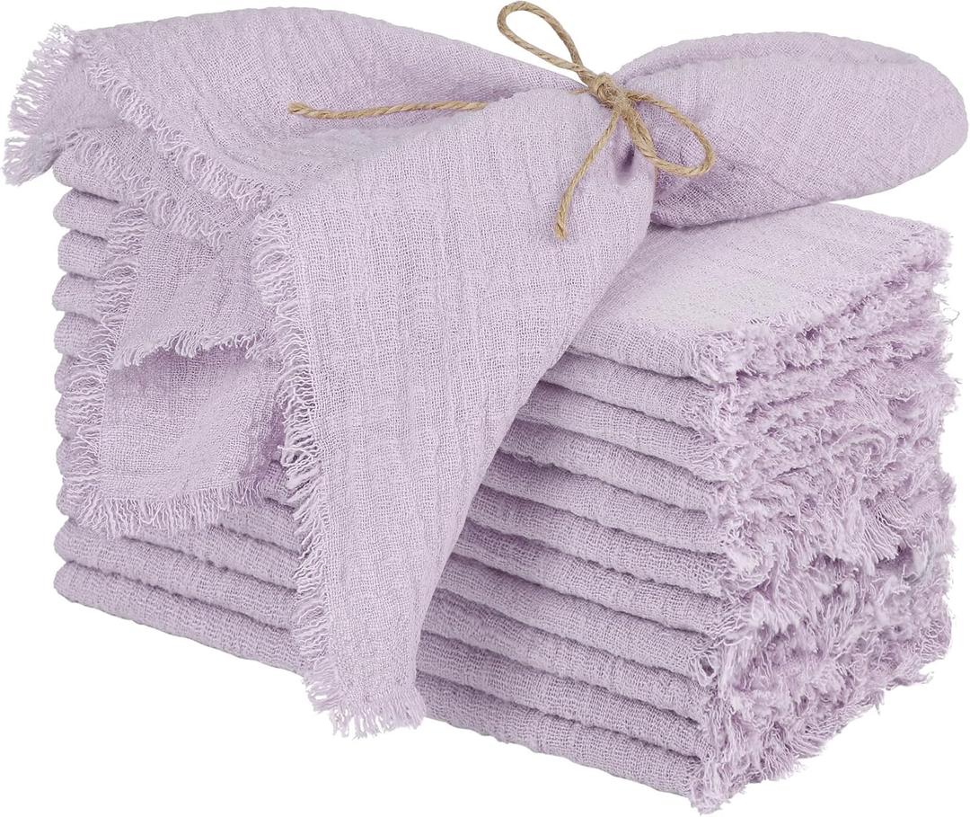 TURSTIN 12 Pieces Cotton Linen Cloth Napkin Handmade Cloth Napkin with Fringe 17 x 17 Inch Soft Dinner Wedding Napkins Square Rustic Fringe Table Napkins for Dinners, Parties, Lavender Purple