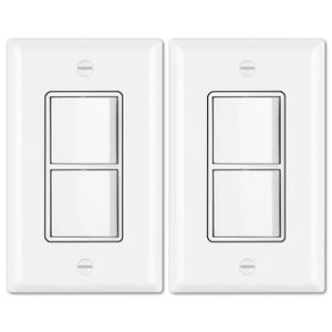 BESTTEN 2 Pack Double Rocker Light Switch, Single Pole Combination Interrupter, 15A 120V, Dual Control Paddle Rockers, in-Wall On/Off Switch, Wall Plate Included, White, UL Listed