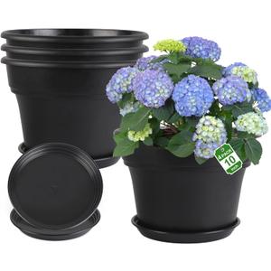 Myfeegoin 10-inch-Plant-Pots-Indoor-Outdoor, 4 Pack Plastic Planters with Drainage Holes & Saucers, Resin Flower Pots with Trays, Classic Garden Pot Container for House