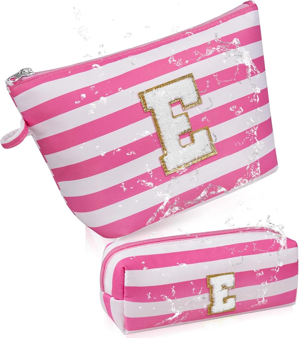 Gosect Initial Makeup Bag Personalized Stripe Cosmetic Bag Cute Waterproof Travel Toiletry Bag Birthday Gifts for 10 11 12 13 14 15 16 Years Old Teen Girl Gift Trendy Stuff (Pink E)