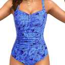 Tempt Me Women Ruched Slimming One Piece Swimsuits Tummy Control Vintage Bathing Suits (X-Large, Blue Paisley)