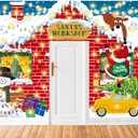 Peryiter 3 Pcs Life Size Christmas Door Cover Banner with LED Light Red Brick Santa's Workshop Decorations Large Classroom Door Decorations Xmas Party Porch Banner for Holiday House Front Background