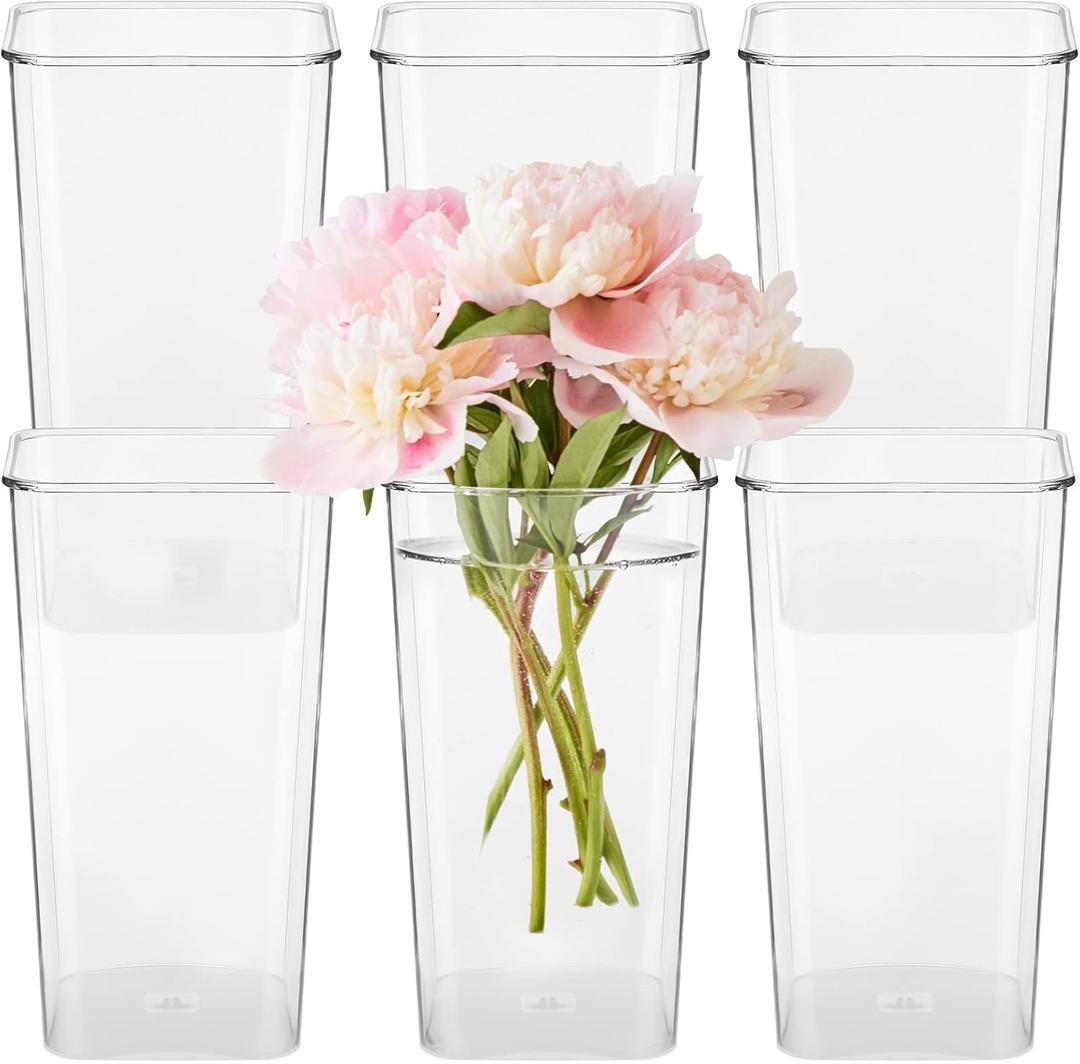 Roowest 6 Pieces Plastic Vase Acrylic Flower Square Tapered Flowers Vase Tall Centerpieces for Table Wedding Kitchen Florist Arrangements(5 x 9 Inch) (Small)