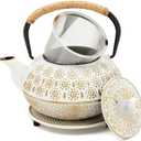 Juvale Stovetop Cast Iron Tea Kettle with Infuser - Superior Heat Retention Loose Leaf Tea Pot - Built-In Teapot with Strainer - Includes Trivet & Infuser Kettle - White, 27 Oz (800 ml)