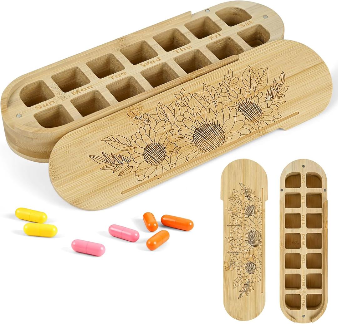14 Compartment Pill Organizer - 7 Day Double Row Pill Case (2 per Day), Bamboo Wood Weekly Vitamin Dispenser with Magnetic Closure, Portable Travel Box for Supplements Fish Oil Pills (Capsule-Shaped)