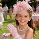 Girls Tea Party Fascinators Hats with Lace Gloves Pearl Necklace Earring Jewelry for Tea Party Wedding Accessories