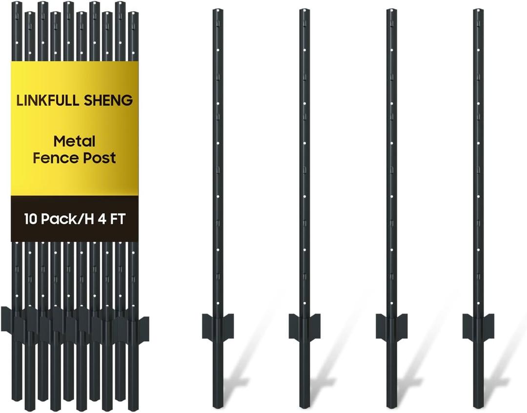 4FT Sturdy Duty Metal U Post Garden Stakes for Chicken Wire Deer Fencing Signs and Outdoor Lights, No Dig Fence Post 10 Pack, Rust Resistant Black Steel Ground Stakes (4ft)