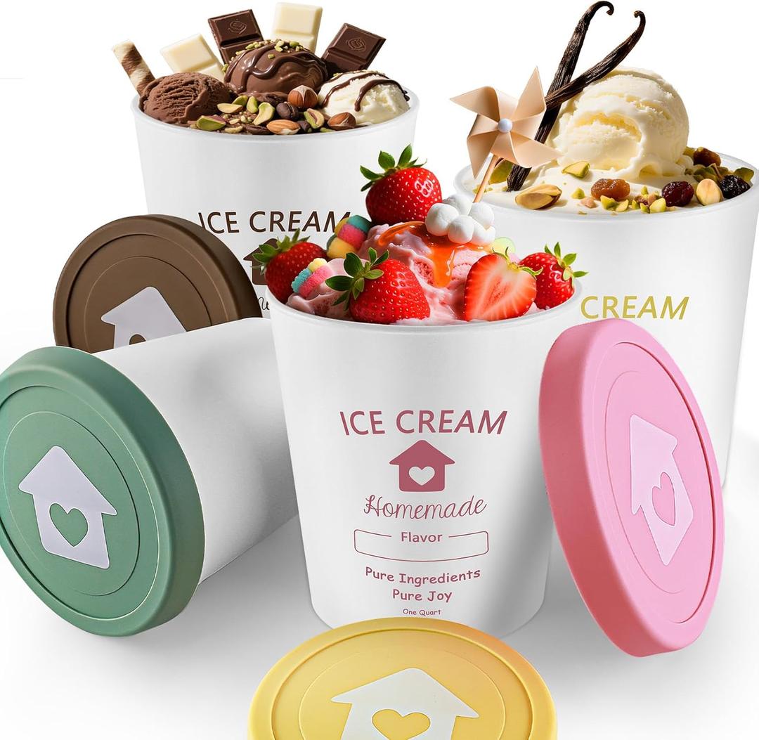 cyrico Ice Cream Containers with Silicone Lids for Homemade Ice Cream, 4 Pack 1 Quart Each Reusable Sorbet Frozen Yogurt Storage Containers Set BPA Free Stackable Leakproof Dishwasher Freezer Safe