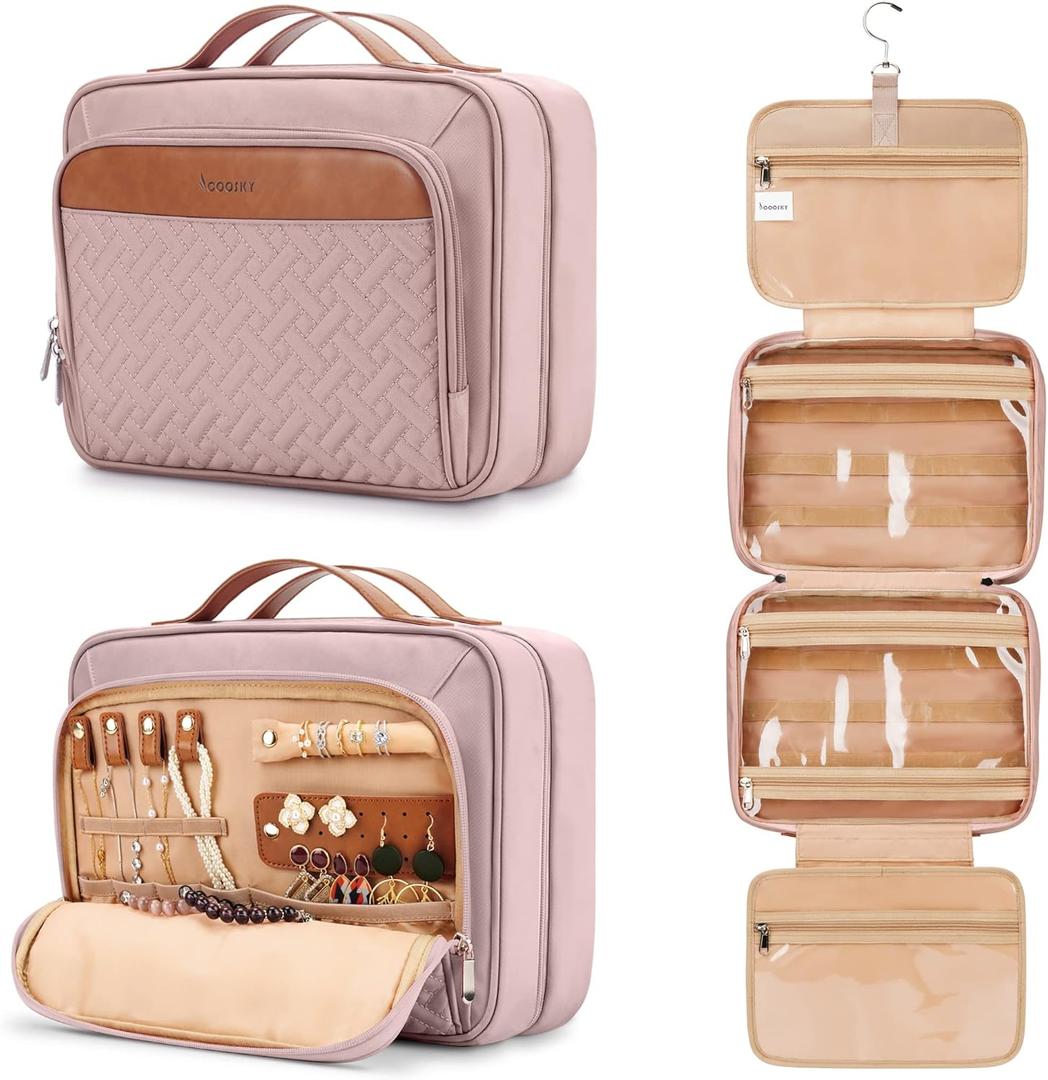 Travel Hanging Toiletry Bag for Women, Extra Large Makeup Bag, Holds Full-Size Shampoo, with Jewelry Organizer Compartment, Waterproof Cosmetic Bag, Toiletries Kit Set with Trolley Belt, Baby Pink (EXP 07/08/26)