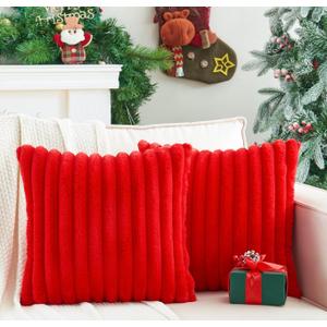Pack of 2 Christmas Red Pillow Covers 18x18 Inch Decorative Faux Fur Throw Pillow Cover, Soft Lumbar Plush Pillowcases for Couch Sofa Bed Living Room, Fluffy Cute Home Boho Accent Decor