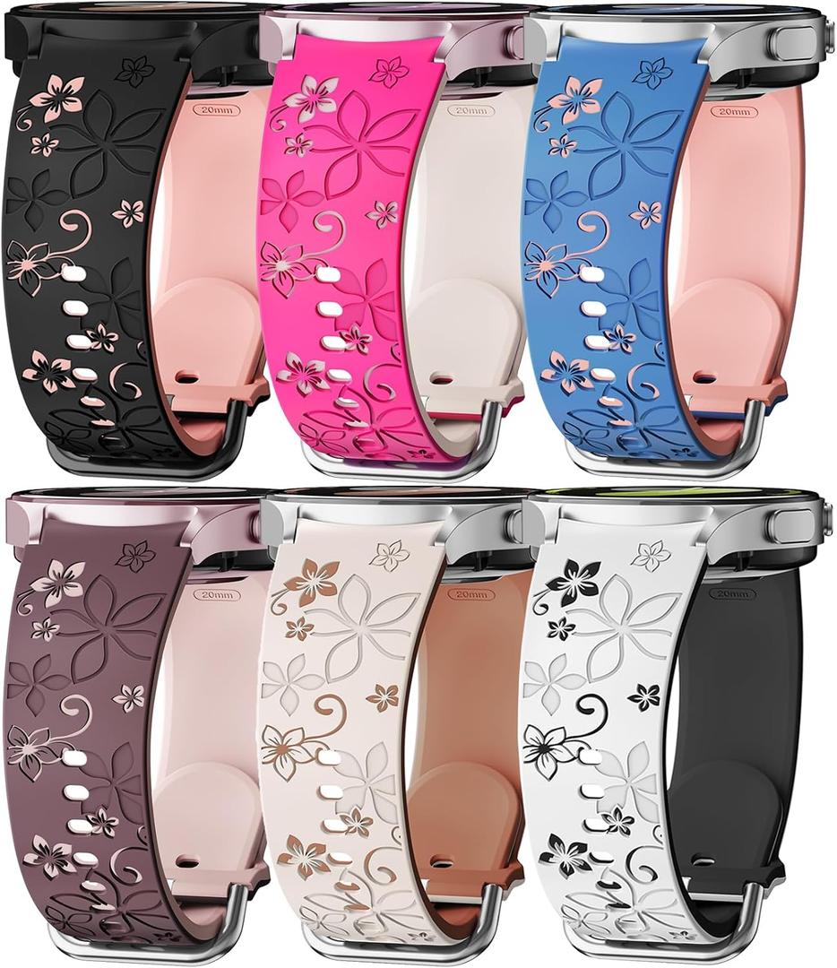 Flower Engraved Band for Samsung Galaxy Watch 7/6/5/4/FE 40mm 44mm/Galaxy Watch 6/4 classic Bands 47mm 43mm 46mm 42mm/Watch 5 pro 45mm Women,No Gap Silicone Cute Floral Strap Wristband Two-Tone Correa