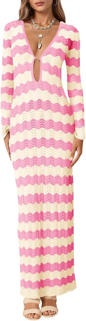 Saodimallsu Womens Crochet Summer Maxi Dress Striped Sexy Cut Out V Neck Long Sleeve Knit Cover Up Beach Dresses (M)
