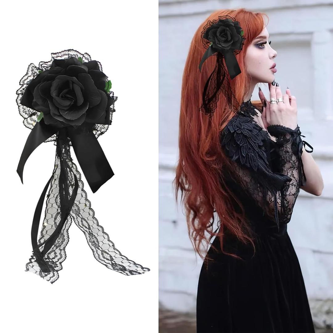Rose Bow Hair Clip Lolita Gothic Rose Bowknot Lace Ribbon Hairpin for Women Halloween Cosplay Wedding Birthday Party (Black)
