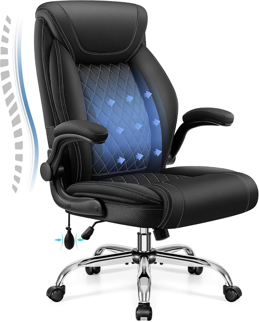 Office Chair, Big and Tall Ergonomic Desk Chair, Executive Leather Computer Chair with Adjustable Lumbar Support, Comfy Gaming Chair with Flip Up Arms, Swivel PC Chair with Rocking Function, Black, 1 Pack