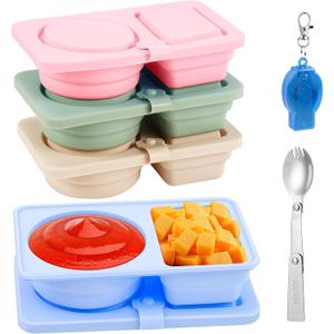 4 Pack Silicone Reusable Snack Containers with Lids, Double Compartment Snack Containers with Foldable Fork, Small Size for Sauce Containers, Travel, School, Office & Picnic