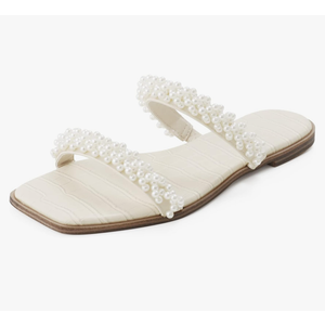 LACUONE Pearl Strap Flat Sandals For Women Slip On Square Open Toe Slides Sandals, Size: 7