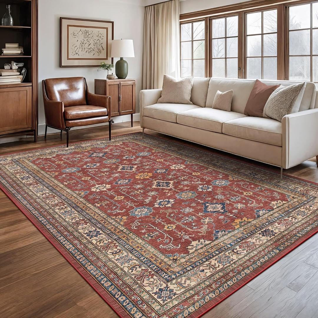 Rugland 6x9 Area Rugs - Stain Resistant Washable Area Rug, Anti Slip Backing 6x9 Rugs for Living Room, Bedroom Vintage Tribal Area Rug(6x9, Burgundy)