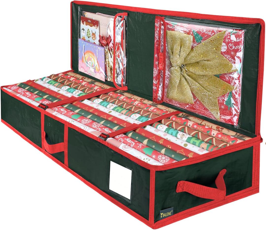 BALEINE Soft Christmas Wrapping Paper Storage Bag, 40" Durable PE Gift Wrap Storage Bag with Flexible Partitions and Pockets for Ribbon, Accessories (Green) 