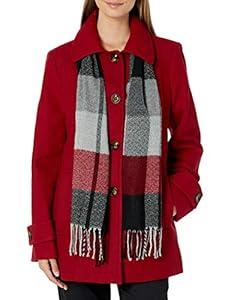 London Fog Black Wool Blend Pea Coat with Red and Gray Scarf Size M
