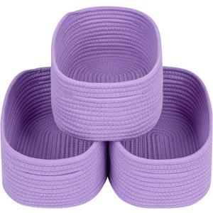 CubesLand Small Storage Baskets for Shelves, Closet Organization Storage Bins Empty Gift Basket 3 Packs Baby Nursery Woven Baskets for Organizing, Rectangular Clothes Closet Shelves Baskets Purple