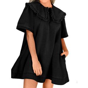 Wenrine Womens Summer Denim Mini Dress Oversized Peter Pan Collar Short Sleeve Casual Flowy Babydoll Jean Dresses (Black), Medium