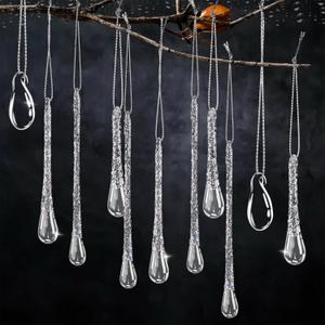 Amyhill 36 Pcs Glitter New Year Glass Crystal Teardrop Ornaments Different Size Raindrop Hanging Ornament Clear Glass Drop Chandelier Pendant Crystal with Rope for Winter Party Centerpieces Decoration