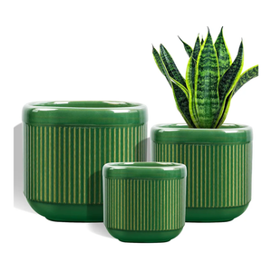 KERUITA Ceramic Plant Pots Set of 3 – Square Indoor Planters with Drainage Hole, Mesh Pad & Stopper – Decorative 5/7/9 Inch Flower Pots for Home Office-Green