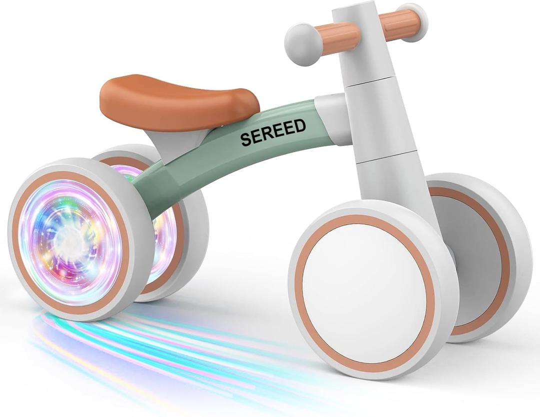 SEREED Colorful Lighting Baby Balance Bike, Toys for 1 Year Old Boys Girls, 12-24 Month Toddler Balance Bike with 4 Silence Wheels, First Birthday Gift (Green)