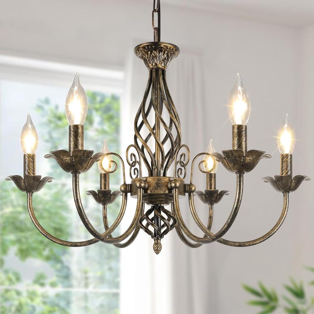 6-Light Farmhouse Candle Chandelier for Living Room, Rustic Industrial Pendant Ceiling Light fixture, Vintage Ceiling Hanging Lamp for Bedroom Hallway Kitchen Dining Room Foyer, Brown E12 Socket (Black with Gold)