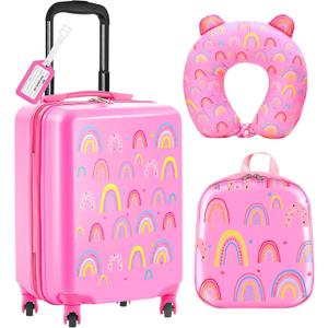 Sanwuta 4 Pcs Kids Luggage Set Carry On Rolling Suitcase Backpack Neck Pillow Travel Set Gift for Girls Boys Summer Camp(20 Inch,Rainbow Style,Pink)