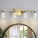 4-Light Gold Bathroom Light Fixtures, Brushed Brass Dimmable Vanity Light with Clear Glass Shade, Crystal LED Bathroom Lights Over Mirror for Bedroom, Living Room, Hallway, Farmhouse