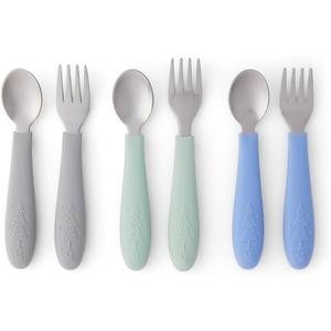 Elk and Friends Kids Silverware with Silicone Handle | Childrens Safe Flatware | Toddler Utensils | Baby Spoons + Forks | Stainless Steel Cutlery | Dishwasher Safe | 6 Pieces (Sage/MistyBlue/Gray)