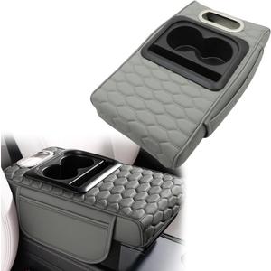 Gray Car Center Console Cover Universal Car Multifunctional Armrest Heightening Pad Microfiber Leather with Built-in Tissue Box & Cup Holder & Phone Storage Slot & Side Pockets