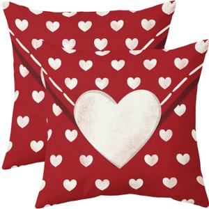 Red Valentines Day Pillow Covers 18x18 Set of 2 Love Heart Print Valentine's Decorative Throw Pillows Outdoor Farmhouse Holiday Valentine Decoration Pillowcases Cushion Cases Decor for Sofa Couch Bed