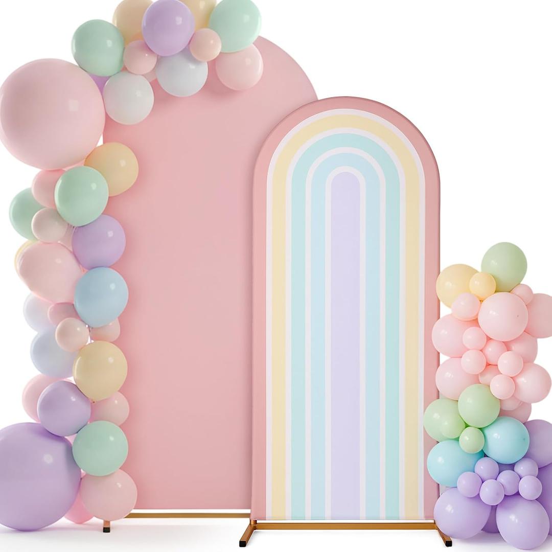 Mindsoft 7.2 ft + 6 ft Rainbow Arch Backdrop Stand Covers Pastel Background Arched Stretchy Fabric Backdrop Cover for Boho Dasiy Birthday Party Wedding Baby Shower Decoration(Macaroon Pink)