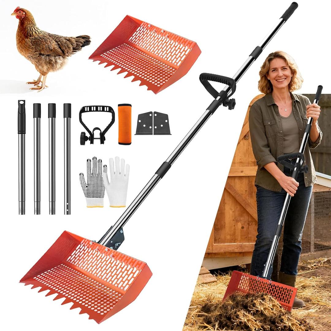 Chicken Poop Scooper for Chicken Coop 304 Stainless Steel Adjustable Angle Durable Sand Sifting Litter Shovel for Farm Animals Cleaning Tools (Orange)