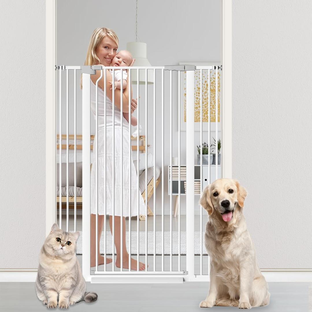 51.18" Tall Extra Tall Pet Gate Dog Door, Auto Close Safety Gates for Kitchen Living Room Doorways Hallway, Indoor Pet Gates for Dogs or Cats(Black) (White, 29.6-40.5")