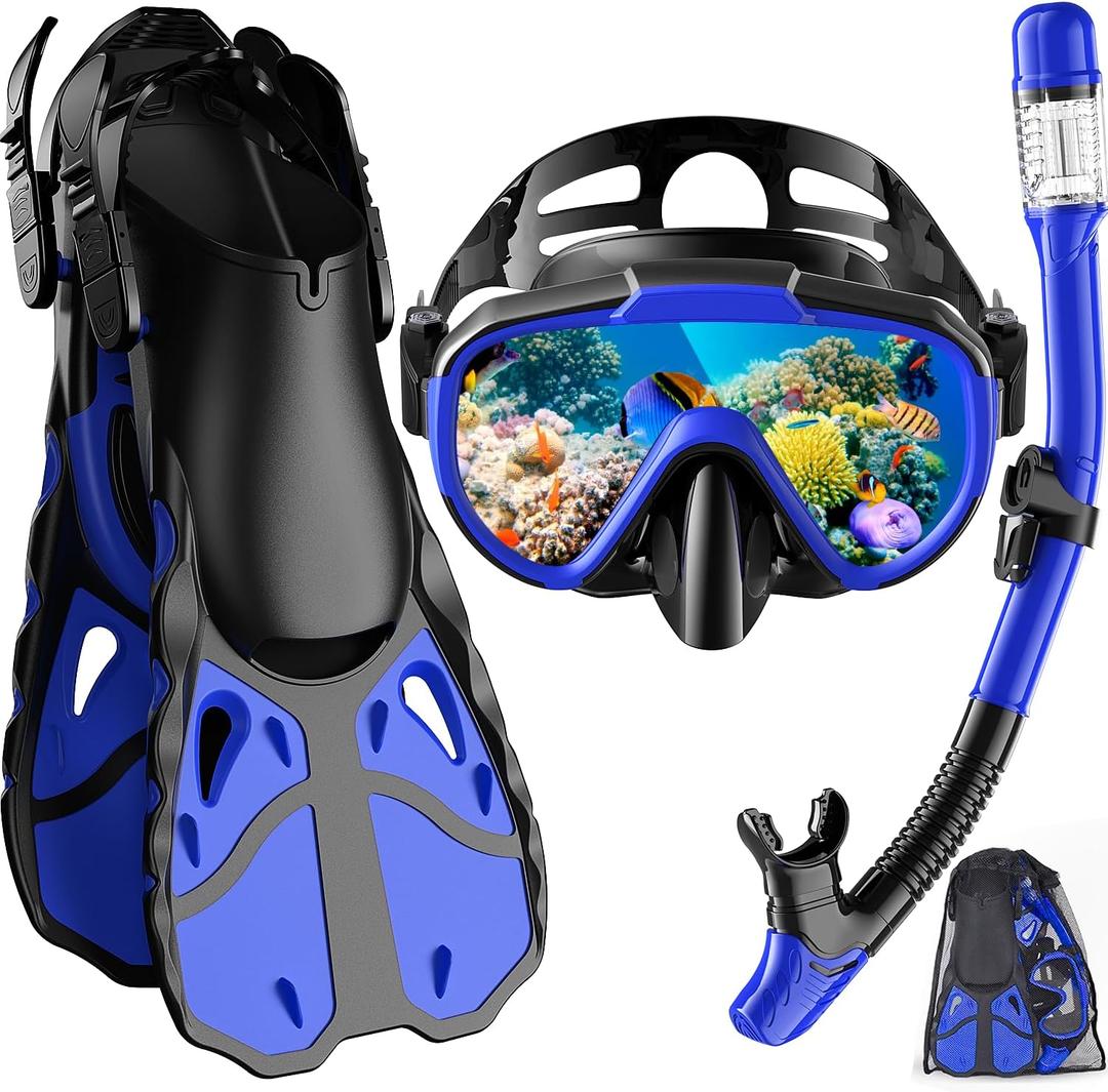 Snorkel Set with Fins for Adults, Snorkeling Gear for Adults Men and Women, Snorkle, Mask Set Adults Dry Top Snorkel Mask Combo Set with Travel Bag for Snorkeling, Diving, Swimming (Blue)