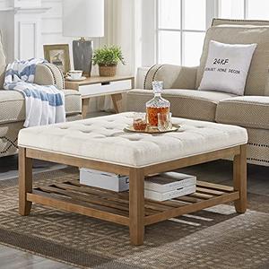 24KF Large Square Upholstered Tufted Linen Ottoman Coffee Table, Large Footrest Ottoman with Solid Wood Shelf-Ivory
