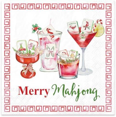 JarThenaAMCS 50Pcs Christmas Mahjong Party Cocktail Napkins Disposable Paper Napkin Merry Mahjong Martini Beverage Napkin for Xmas Birthday Bachelorette Bridal Shower Party Decor