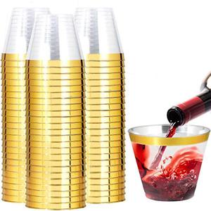 I00000 200 Pack Gold Plastic Cups, 9 Oz Elegant Clear Plastic Cups Gold Rimmed Disposable Wine Glasses Fancy Disposable Party Cup Wedding Cup Drinking Tumblers Cocktail Glasses Perfect for Party, 200 Count